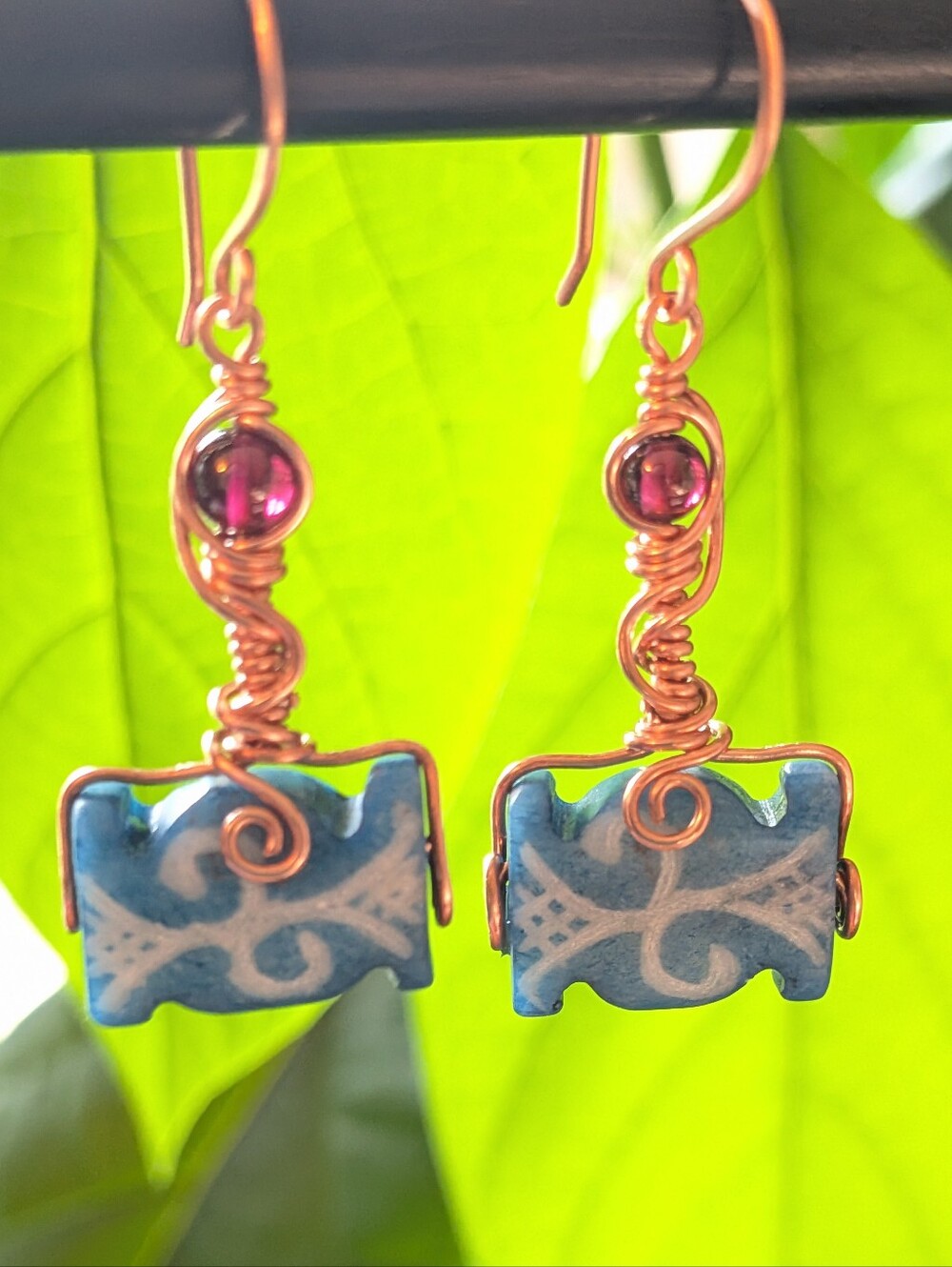 Viking Inspired Earrings Carved Vintage Glass And Garnets In Copper - Picture 9 of 16